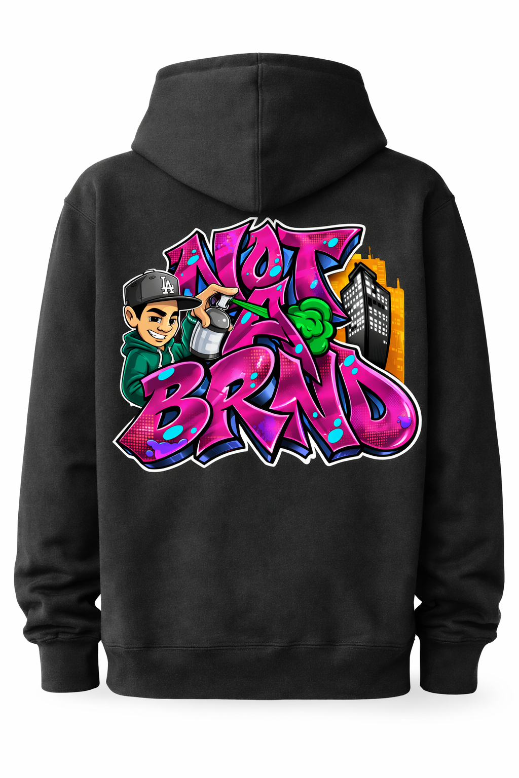 NOTABRND Black Hoodie – Graffiti Back Print & White Embroidered Chest